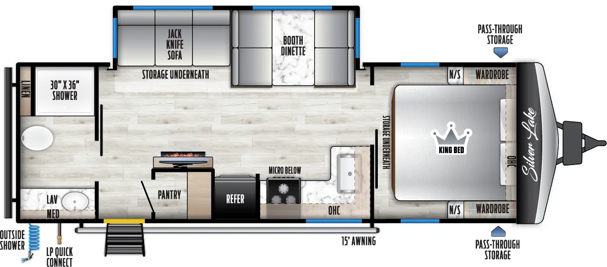 The 2600RB has one slideout and one entry door. Exterior features front pass-through storage, 15 foot awning, LP quick connect, and outside shower. Interior layout front to back: foot-facing king bed with storage underneath, overhead cabinet, and nightstands with wardrobes on each side; off-door side slideout with booth dinette, and jackknife sofa with storage underneath; kitchen counter with sink wraps from inner wall to door side with overhead cabinet, cooktop with microwave below, refrigerator, TV hookup with fireplace below, pantry, and entry; rear full bathroom with linen closet and medicine cabinet.